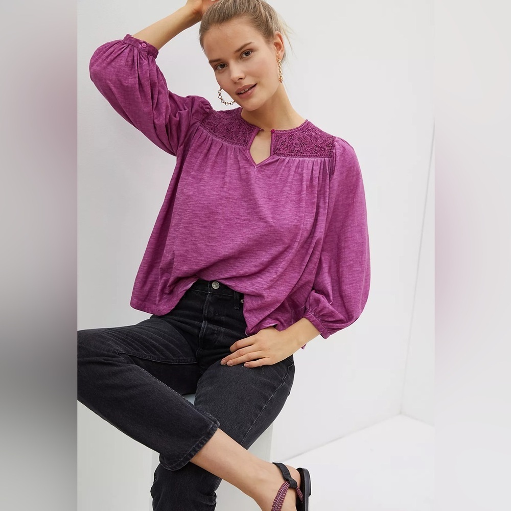 Anthropologie Kay Lace Boxy Blouse with 3/4 Sleeves and Mandarin Collar